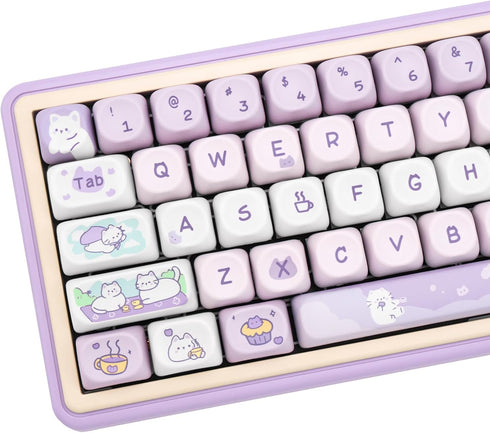 PBT Keycaps - MOA Profile 132 Keys Dye Sublimation Purple Cute Cat Customized Keycaps for ANSI Layout Cherry MX Switches