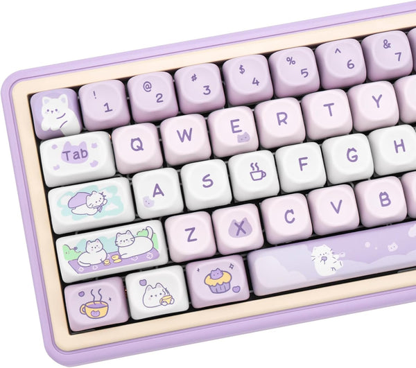 PBT Keycaps - MOA Profile 132 Keys Dye Sublimation Purple Cute Cat Customized Keycaps for ANSI Layout Cherry MX Switches