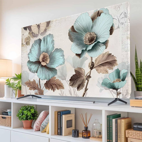 Yukro 65 Inch, 57"x32" Victorian Style Broccoli Butterfly Indoor TV Dust Cover, Blue Flowers Plant Elastic TV Dustproof