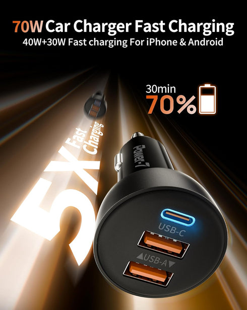power-7 2 Pack 70W 3-Port 17/Air/16/15/14/13/12 S25/S24/S23, USB C Car Charger, PD/QC Fast Charging Cigarette Lighter