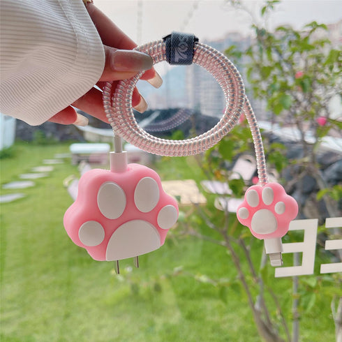 3D Cute Cartoon Charger Protector Case for Apple 20W USB-C Power Adapter and Lightning Cable (Pink Cat's Claw)