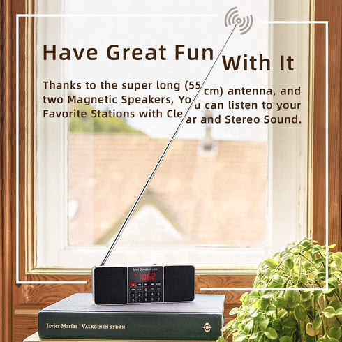 PRUNUS J-288 Portable AM FM Radio with Bluetooth Speaker, Sleep Timer, Power-Saving Display, Ultra-Long Antenna, AUX