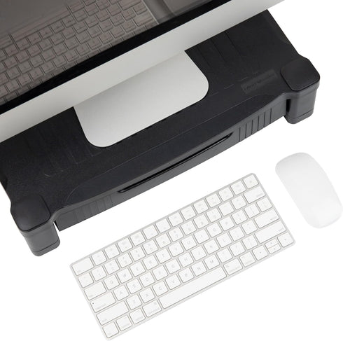 Mind Reader Black Monitor Stand with Storage Drawer, Desktop Organizer, Laptop Riser for Office, 17.25"L x 13.25"W x 4"H