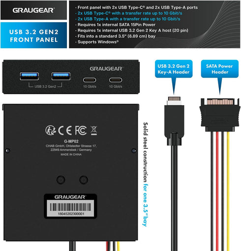 GRAUGEAR 3.5 Inch Front Panel Hub, 4 Ports Internal Metal USB Hub, 2X USB-C 10Gbps, 2X USB 3.2 Gen 2 Ports, USB3.2