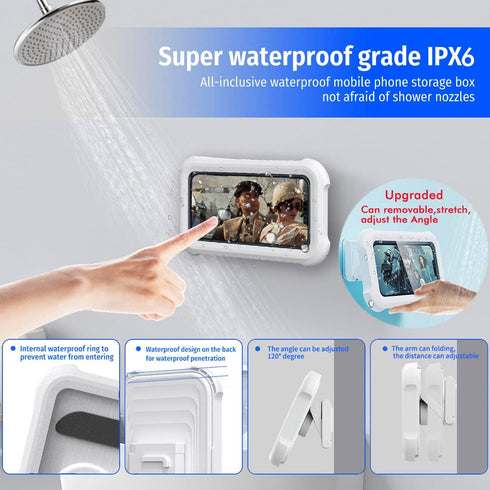OOLYICO Upgraded Waterproof Shower Phone Holder Case with Touch Screen, 480° Rotating Wall Mount Shelf for 4"-7" Cell