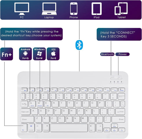 DETUOSI Universal 10 inch Wireless Keyboard, (0.23 inch) Ultrathin Slim Lightweight Travel Portable, 10.1" Multi-Device Wireless Keyboard for iOS/Android/Windows Tablet, Computer, Smart Phone #White