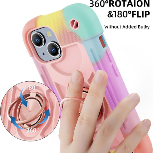 MARKILL iPhone 15 Plus Case (6.7") - Rugged Heavy Duty, Military Grade Drop Protection, Rotate Ring Stand, Rainbow Pink.