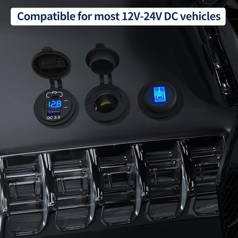 DaierTek 12V USB C Car Charger Socket, 48W PD Type C & QC 3.0 Dual USB Charging Socket Port Waterproof with Voltmeter