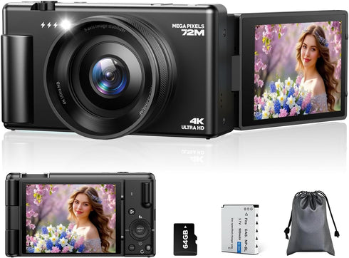 FIREFOTO 4K Digital Cameras for Photography, Compact Vlogging Camera with Flip Screen, 18X