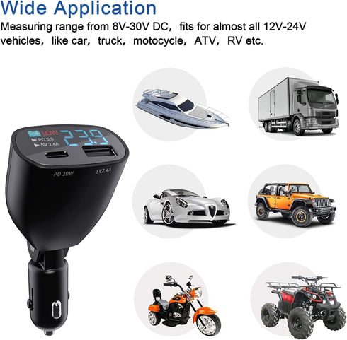 USB C Car Charger with Voltage Display, 20W PD Fast Car Charger & USB 5V 2.4A Adapter, Car Voltmeter Battery Monitor