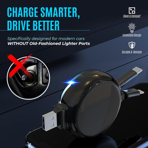 2-in-1 Retractable Car Charger for iPhone and Android, Modern Car Charger with Retractable Cord 15W Fast Charging