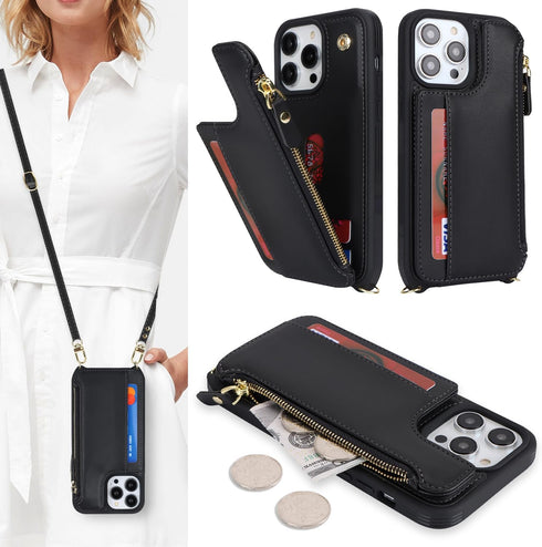 Cavor iPhone 13 Pro Case with Card Holder, Wallet Case for Women, Phone Case with Strap, Crossbody Lanyard and
