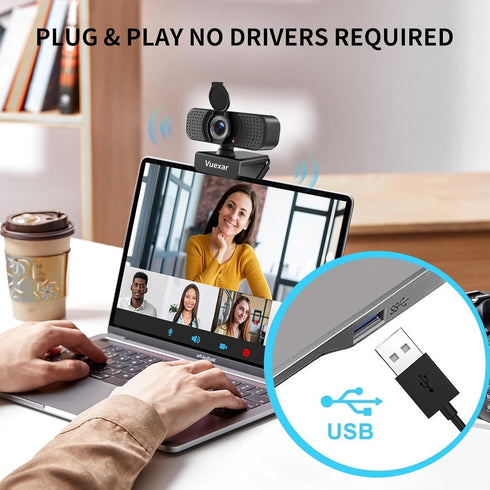 Vuexar 2K Webcam with Microphone, Web Camera withTripod, Dual Mics, Plug & Play Computer Camera for Online Calling