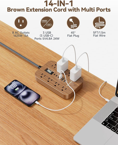 kakahigh 5 1625W 8 6 Walnut Power Strip with USB Ports - FT Wood Power Strip, Decorative Extension Cord with AC Outlet