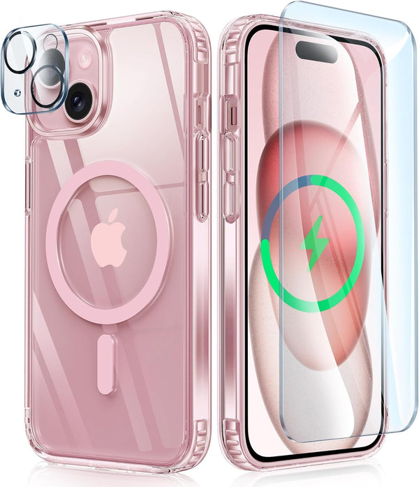FNTCASE iPhone 15 Case: Rugged Shockproof Bumper, Military Grade Drop Protection, Anti-Yellowing, 6.1" Clear PinkRing.