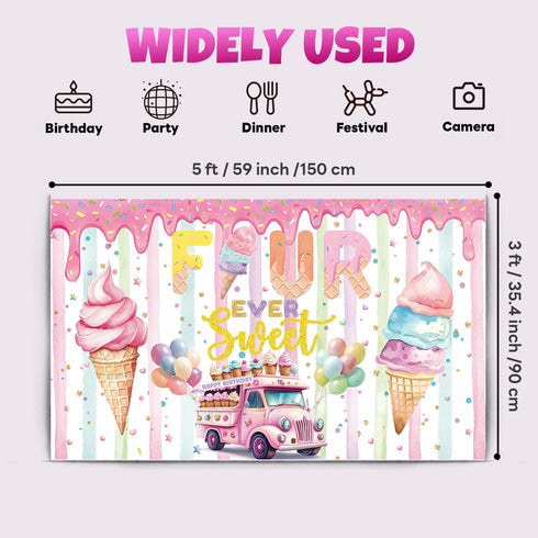 xuanflyF 4th 4th Ice Cream Birthday Party Decoration, Ice Cream Birthday Backdrop Banner, Four Ever Sweet Birthday