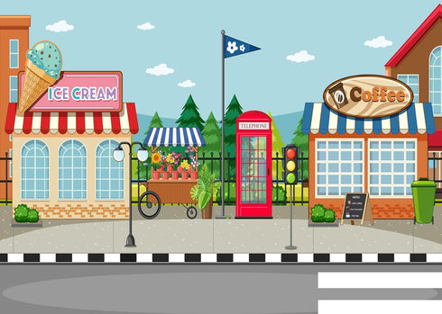 CORFOTO Fabric 10x8ft Town Street Backdrop Ice Cream Coffee Shop Red Phone Booth