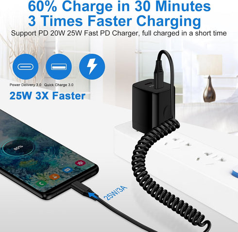 iPhone 15 Pro Max Charger Cable 3FT for Car, Coiled USB C to USB C Fast Power Charging Cord for Samsung Galaxy and Pixel