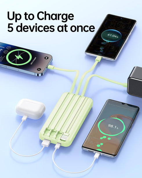 RONEGN -20000mAh 22.5W Pack 5 3 Portable Charger with Built in Cable Fast Charging Power Bank USB C Slim LED Display