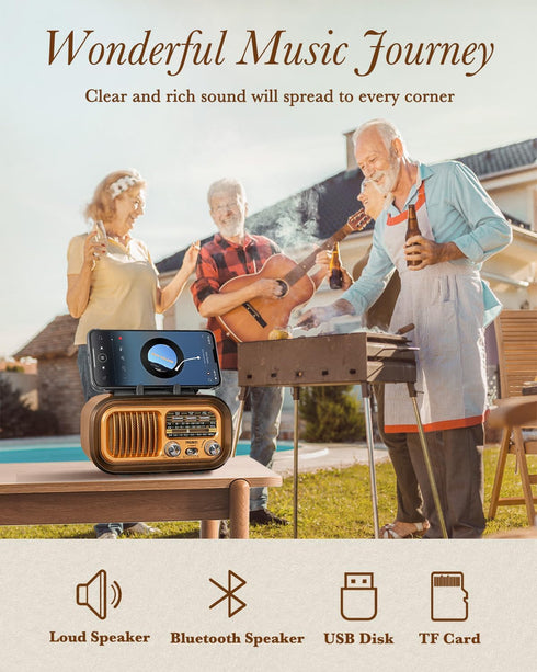 PRUNUS J-150 Bluetooth Retro Vintage Radio, Portable AM FM Transistor Radio, Solar/Battery Operated, TWS