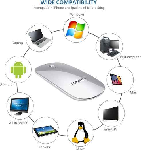FENIFOX Bluetooth Mouse, Slim Mini Portable Wireless Rechargeable Quiet Ultra-Thin Mice (Silver and White)