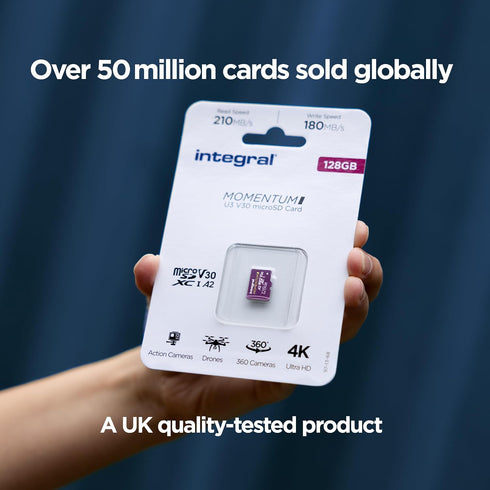 Integral 128GB 210MB/s 180MB/s V30, U3, A2-4K/5K 360 Momentum I microSDXC Card - Up to Read, Write, UHD for GoPro, DJI