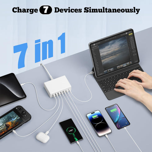 USB C Charger 180W GaN, 7 Ports Fast Charger Power Adapter, Compatible with MacBook, iPhone 12/13/14/15, and Other