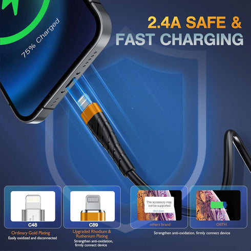OIITH MFi Certified Short iPhone Charger Cable 3 Pack - 1 Ft, 12 inch Lightning Charging Cord, Fast 2.4A