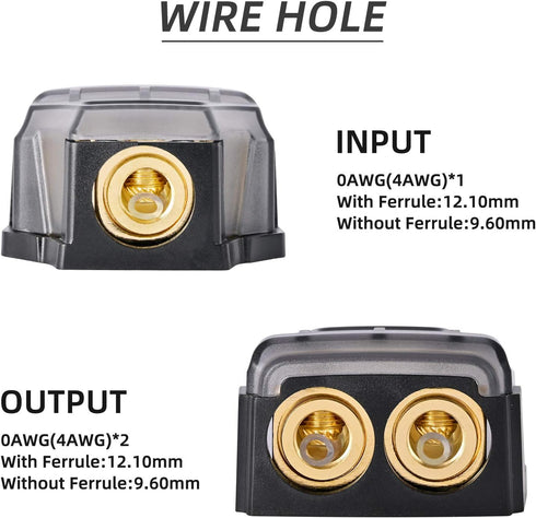 0/2/4 Gauge in 0/2/4 Gauge Out Copper Power Distribution Block for Car Audio Splitter (1 in 2 Out)