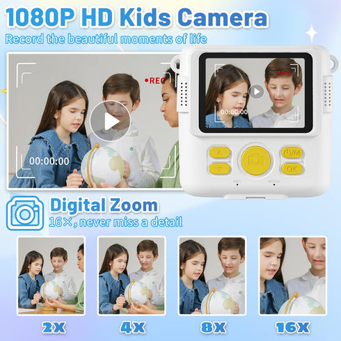 Instant Print Camera for Kids with 3 Rolls Printer Paper, 1080P Toddler Digital Camera Toys, 32GB SD Card, White