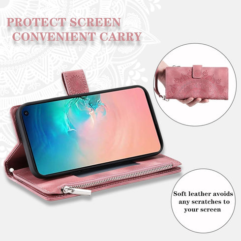 Asuwish Wallet Case for Samsung Galaxy S10e - Mandala Flower, Zipper Slot, Tempered Glass Protector, Rose Gold.