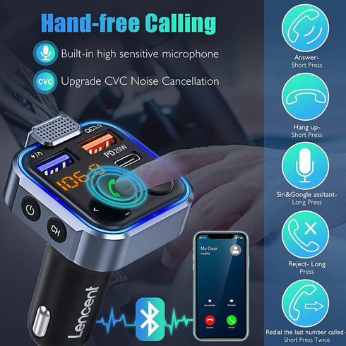 LENCENT Wireless Bluetooth 5.0 FM Transmitter Car Kit, Type-C PD 20W + QC3.0 Fast USB Charger, Hands-Free Calling, Hi