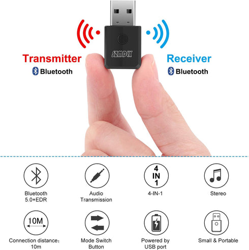 SZMDLX USB Bluetooth 5.0 Transmitter Receiver 4 in 1, Portable Wireless Audio Adapter, Plug and Play