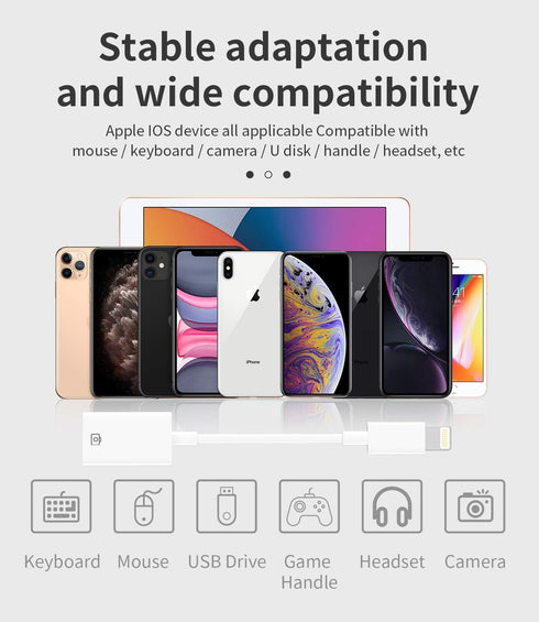 Lightning Male to USB Female OTG Adapter for iPhone 13, 12 Pro Max, iPad Air, Camera, Mouse, Keyboard, Hub, Midi.