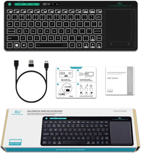 Rii K18 Plus Wireless Multimedia Keyboard, 3-LED Color Backlit with Multi-Touch Big Size Trackpad, Rechargeable for