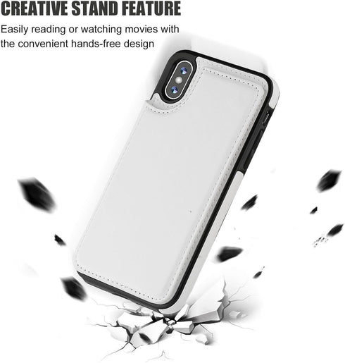 iPhone Xs iPhone X Wallet Case, Premium PU Leather Kickstand with Card Holder, Double Magnetic Clasp (White)