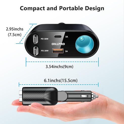OHLPRO 5 in 1 Retractable Car Charger, 168W USB C Adapter with Dual USB Ports for Phone and iPad