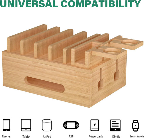 Bamboo Charging Stations for Multi Devices, Wood Desktop Docking Station Charger Organizer for Cell Phones, Tablets,