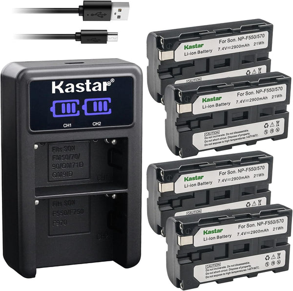 Kastar 4-Pack NP-F570 Battery and LED2 USB Charger for CCD-TR Series Cameras, Compatible with Multiple Models
