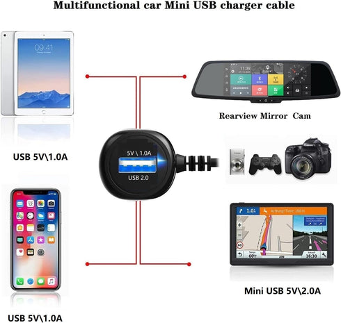 Dash Cam Charger Cable, 11.5FT Mini USB for 12V-24V Cars & Trucks, 3-in-1 Charging for Dash Cam, GPS Navigator, Mobile