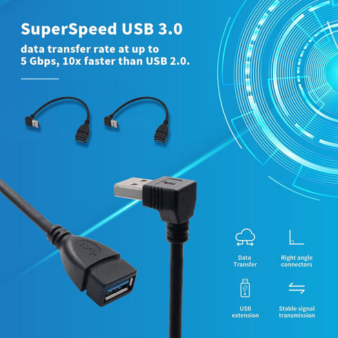 Antrader USB 3.0 Right Angle 90 Degree Extension Cable Male to Female Converter Data Adapter Cord (2 Pairs)