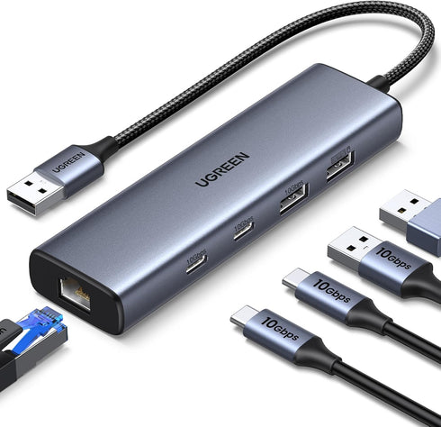 UGREEN USB to Ethernet Adapter, 5 in 1 USB Hub with Gigabit RJ45, USB-C 3.2, USB-A 3.2/2.0 for Laptop