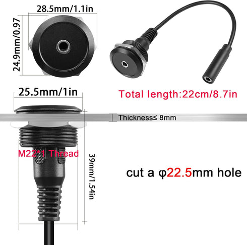QIANRENON TRS 3.5mm Short Cable Threaded Fixing Audio Adapter 3.5mm Female to Female Stereo Jack