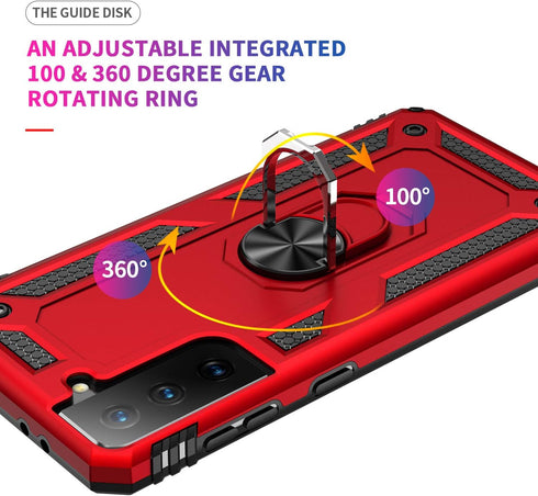 Military Grade Shockproof Case for Samsung Galaxy S21 FE, Red with 360 Metal Rotating Ring Kickstand Holder