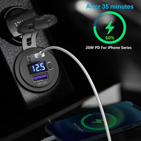 USB C Car Charger Socket, Qidoe 12V/24V Dual USB Outlet PD3.0 & QC3.0 Car USB Port with LED Voltmeter and ON/Off Switch DIY Car Socket for Car Boat Marine Bus Truck Golf RV Motorcycle by Qidoe