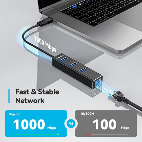 TECKNET USB to Ethernet Adapter, USB C to Ethernet, 3 Port USB 3.0 Hub with RJ45 Gigabit Ethernet Converter