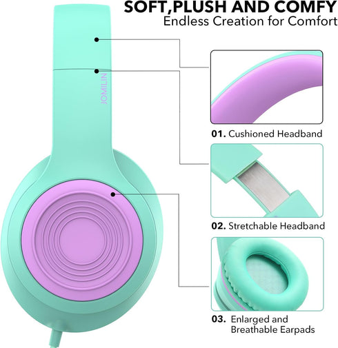 A8 Kids Headphones with Microphone, Lightweight Folding Stereo Bass Headphones, Portable Wired for Smartphone/Tablet