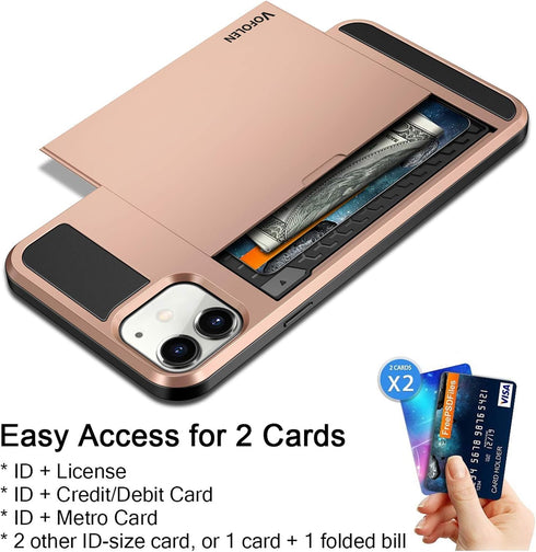 Vofolen iPhone 12 Case 5G Wallet Cover - Credit Card Holder Slot, Anti-Scratch Dual Layer Protective, Rose Gold