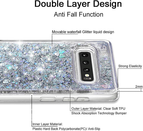 for Galaxy S10 Plus Case, Double Layer Design Bling Flowing Liquid Floating Sparkle Colorful Glitter TPU Protective