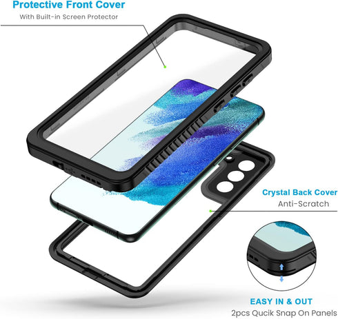 Lanhiem Black IP68 Waterproof Dustproof Case for Samsung Galaxy S21 FE 5G 6.4 Inch with Built-in Screen Protector